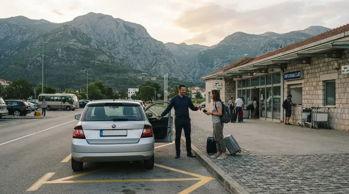 Rental car delivered to a traveller at a Montenegro airport kerb