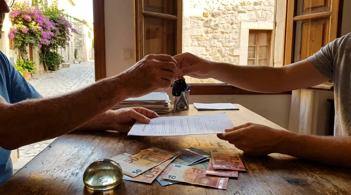 Car keys and a rental contract handed over with euro cash at a rental desk